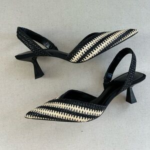 Zara 41 Black and Cream Rattan Woven Slingback Heels